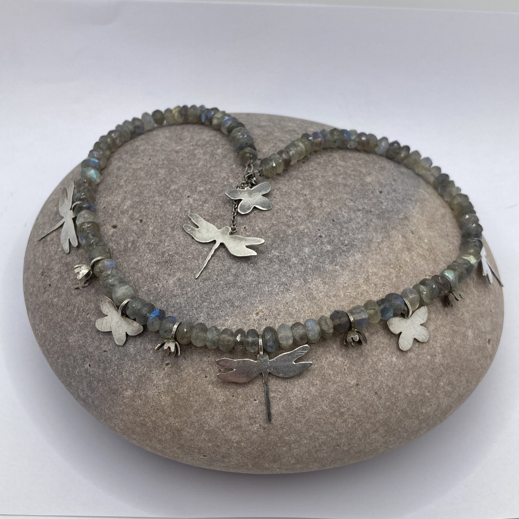 Necklace, laboradite, silver dragonflies, flowers and butterflies